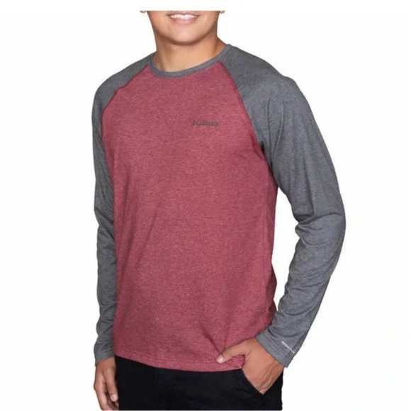 LNWOT Columbia Men’s Long Sleeve Raglan Tee Red & Grey Medium - Picture 1 of 12